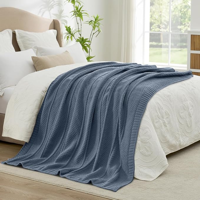 Chenille Throw Blanket for Couch, Soft Cozy Chunky Knit Blanket, Moss Stitch Throw for Sofa, Bed, Living Room, Lightweight Warm Home Decor, Dusty Blue 60"x80"