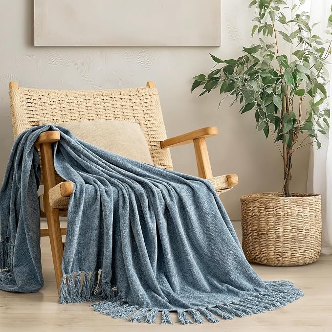 Chenille Knit Throw Blanket for Couch, 60"x80", Cloud Blue | Cozy Plush Fuzzy Knittd Throw with Tassels, Lightweight, Decorative, Farmhouse Decor, Ideal for Bed Sofa Gift, All Seasons