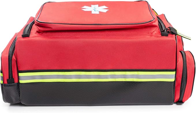 Scherber Fully Stocked First Responder Ultimate Professional EMT/EMS Trauma Kit | HSA/FSA Approved | w/10+ Compartments, Zippered Pockets, Dividers, Oxygen Access & 260+ First Aid Supplies (Red)