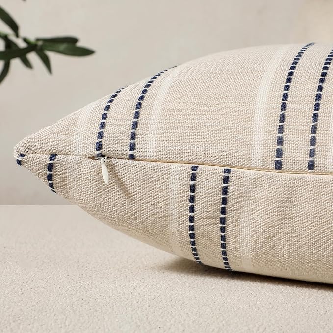 Hckot Navy Blue Throw Pillow Covers 24x24 Set of 2 Striped Pillow Covers Textured Linen Decorative Pillows Square Cushion Covers for Sofa Couch Bed Living Room Farmhouse Decor