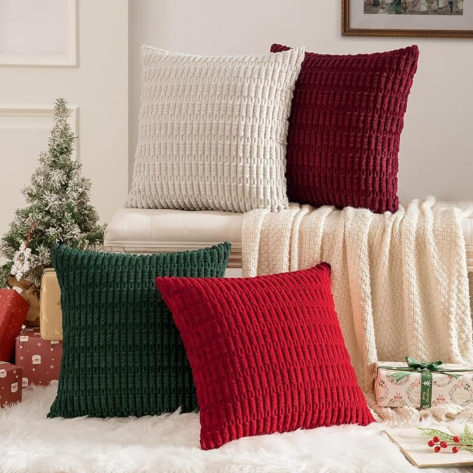 MIULEE Pack of 4 Christmas Throw Pillow Covers 20x20 Red and Green | Neutral Rustic Farmhouse Boho Soft Striped Pillow Covers,Home Decor for Sofa,Living Room,Couch,Bed