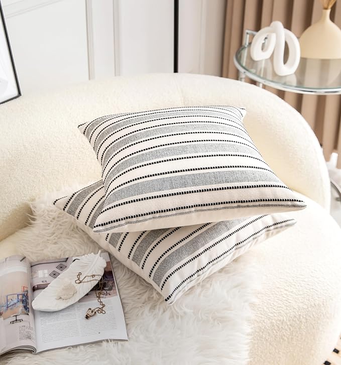 Cethom Decorative Boho Throw Pillow Covers, Farmhouse Textured Pillow Case, 20 x 20 Inch Set of 2, Chair Sofa Bedroom Living Room Home Decor Couch Cushion Case, Black and Beige Striped