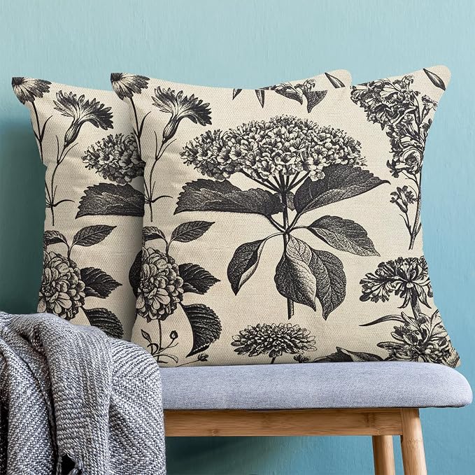 Floral Pillow Covers 20x20 Set of 2 Vintage Black Hydrangea Herbs Botanical Throw Pillow Cover Outdoor Decoration Boho Flower Pillowcase Farmhouse Decorative Cushion Case for Home Couch Sofa