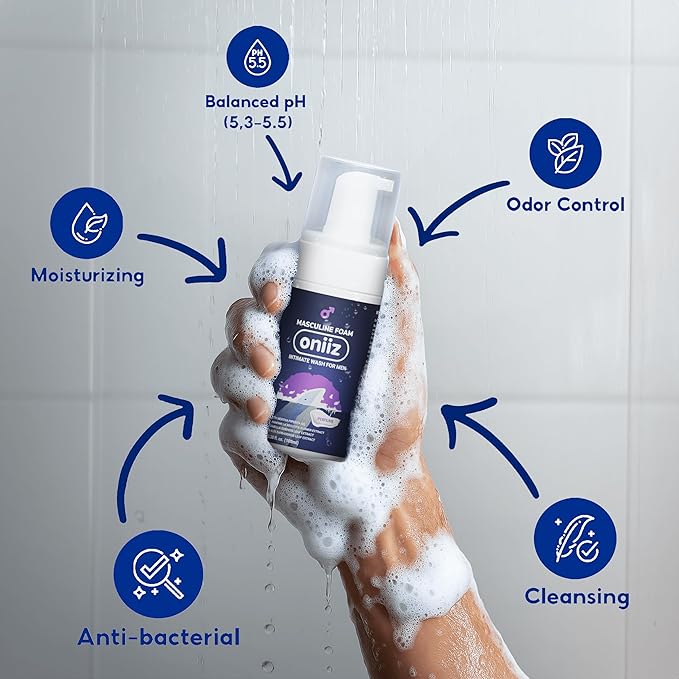 ONIIZ Masculine Foam Perfume Intimate Wash for Men, Triple-Barrier Intimate Defense - Prevents Odor & Itching, Natural Ingredients, pH Balance - Sweet & Alluring Aroma 3.38 fl. oz