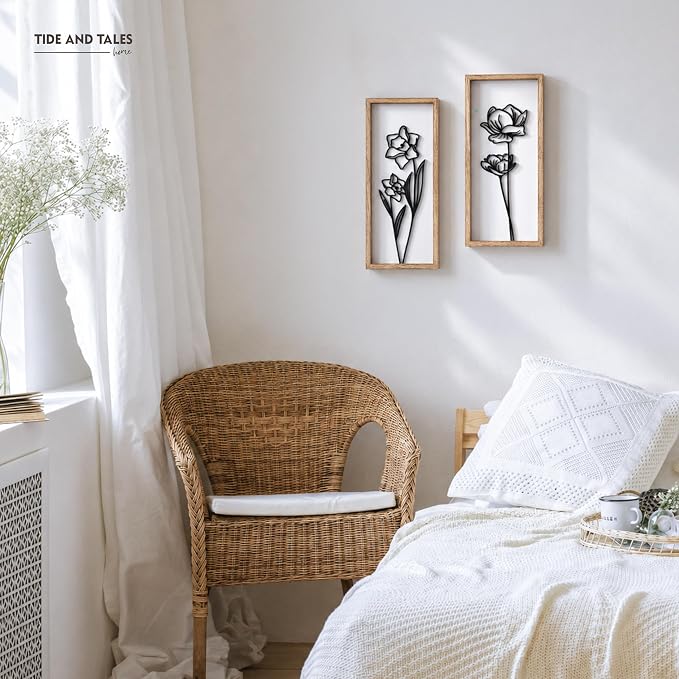 3D Black and White Wall Art (Set of 2) Lightweight, Wooden Ready-to-Hang Framed Floral Wall Art for Bathroom, Bedroom, Living Room or Office – Boho Botanical Farmhouse Decor – Gift-Boxed