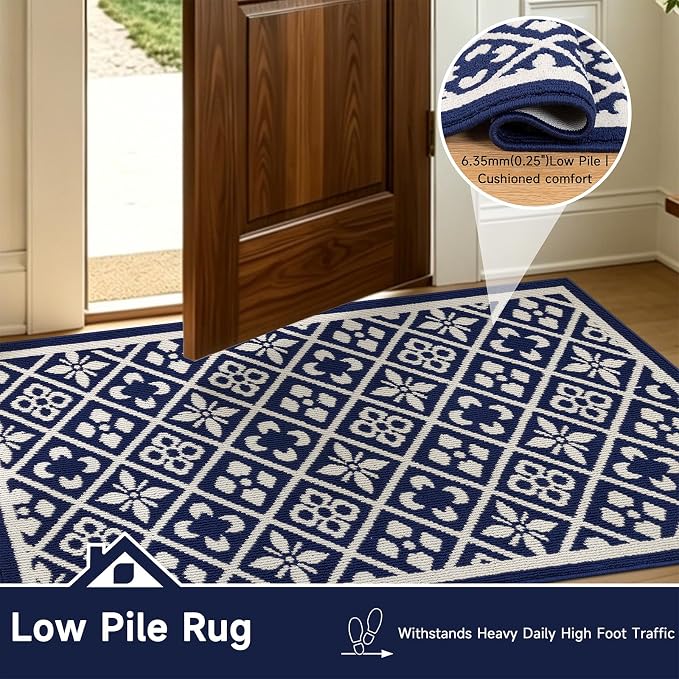 Ileading Indoor Door Mat 3x5ft, Absorbent Muddy Mats for Dogs, Low-Profile Entrance Large Welcome Mat with Non-Slip Rubber Backing, Washable Runner Carpet for Hallway,Entryway,Kitchen(Navy)