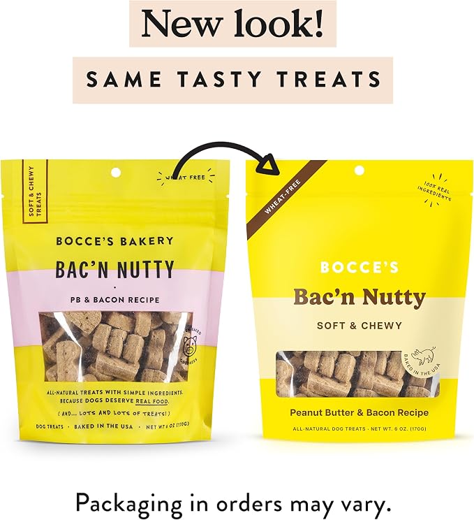 Bocce's Bakery Bac'n Nutty Soft & Chewy Dog Treats, PB & Bacon Flavor (6oz) | Oven Baked, Wheat-Free Everyday Dog Treat Cookies - Made with Real, Limited Ingredients and Baked in The USA