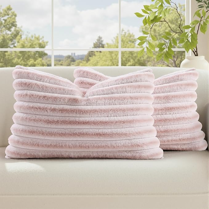 decorUhome Fall Faux Fur Throw Pillow Covers 12x20 Set of 2 Pink White | Decorative Soft Cozy Striped Plush Modern Farmhouse Boho Couch Pillow Cases Velvet Back for Sofa Bed Living Room Home Decor