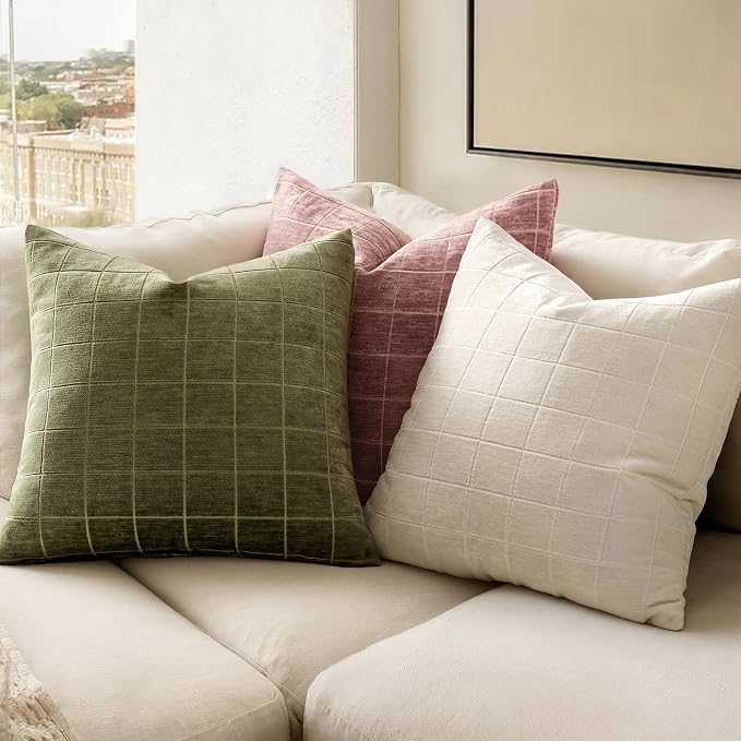 MIULEE Olive Green Plaid Decorative Throw Pillow Covers 18x18 Set of 2 | Vintage, Check Chenille Couch Pillows, Neutral Boho Farmhouse Cushion Covers, Modern Home Decor for Sofa Bed Living Room