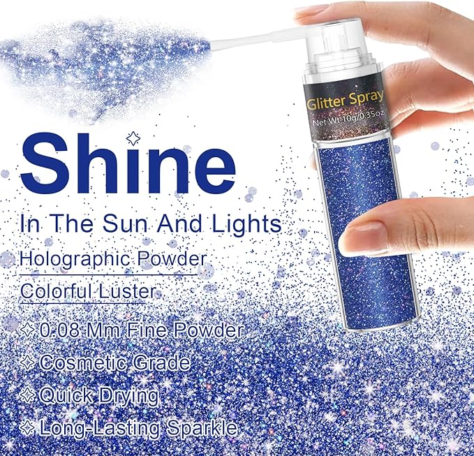 Hair and Body Glitter Spray, 1PC Sparkling Blue Hair Glitter Extra Fine Face Shimmer Powder for Clothes, Festival Loose Sparkle Powder for Rave Clothes Nail Art Easter Halloween Crafts (Blue)