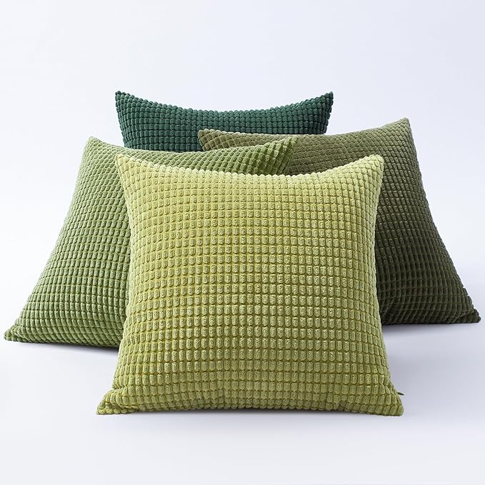 Softalker Corduroy Decorative Throw Pillow Covers 20x20, Set of 4, Green | Soft Boho Striped Pillow Cases, Couch Fluffy Cushion Covers for Farmhouse Home Decor Bed Living Room