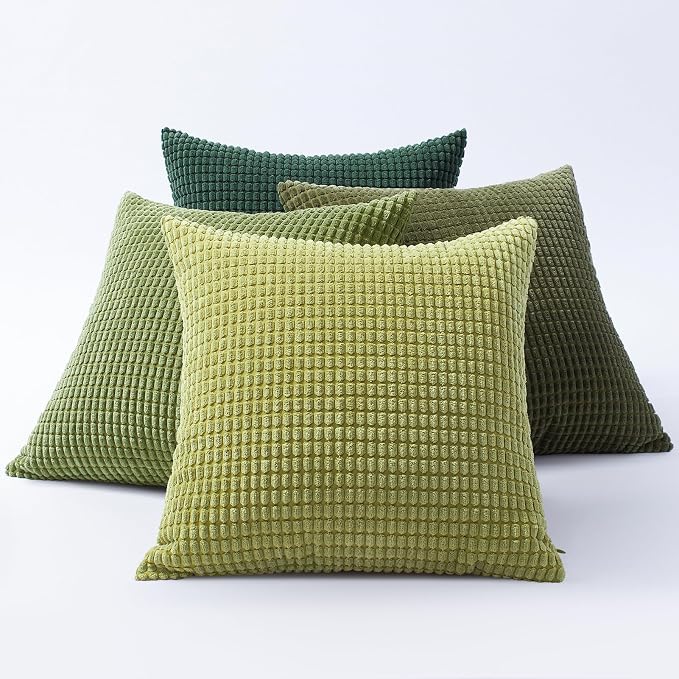 Softalker Corduroy Decorative Throw Pillow Covers 18x18, Set of 4, Green | Soft Boho Striped Pillow Cases, Couch Fluffy Cushion Covers for Farmhouse Home Decor Bed Living Room