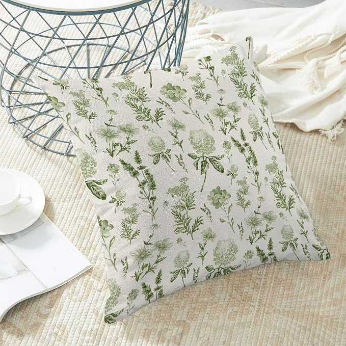 AEIOAE Sage Green Spring Pillow Covers 16x16 Inch Set of 2, Wild Flower Leaves Plant Throw Pillows Case,Seasonal Floral Outdoor Decorative Farmhouse Decor Cushion Covers for Home Sofa Bed Couch
