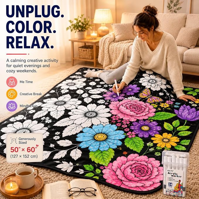 VEELU DIY Coloring Blankets with 24 Colors Markers for Adults | Custom Color In Your Own Blankets With 24 Colors Markers, Snuggle Color Sketch Washable Blankets Kit Home Decor