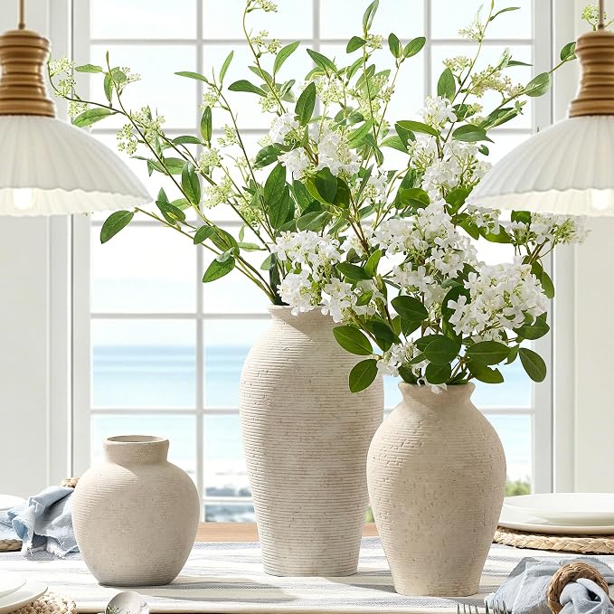 Vanselia Ceramic Flower Vase Home Decor - Large Tall Farmhouse Table Vases Rustic Vintage Living Room Kitchen Bedroom Decorations for House Book Shelf Office Coffee Desk Dining Fireplace (12" Rustic)