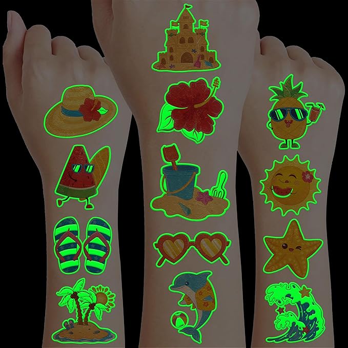 96 PCS Hello Summer Beach Pool Hawaiian Pre-Cut Luminous Glow in the dark Temporary Tattoos for Kids | Super Cute Themed Birthday Party Favors Supplies Decorations, Fake Tattoos Gifts for Boys Girls