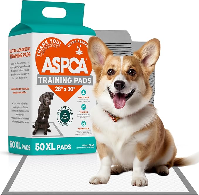 ASPCA Dog Training Pads, XL 28" x 30", Mountain Air Scented, 50 Count | Ultra absorbent puppy training pads with quick-dry gel, leakproof protection and odor control for potty training.