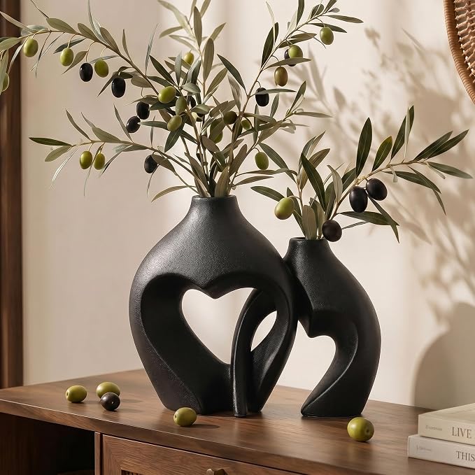 Black Ceramic Flower Vases Home Decor Heart Shaped Vase Set of 2 | Nordic Heart Shaped Vases Minimalist Decorative Vase for Table Centerpiece Wedding Dining Living Room Office House Decoration