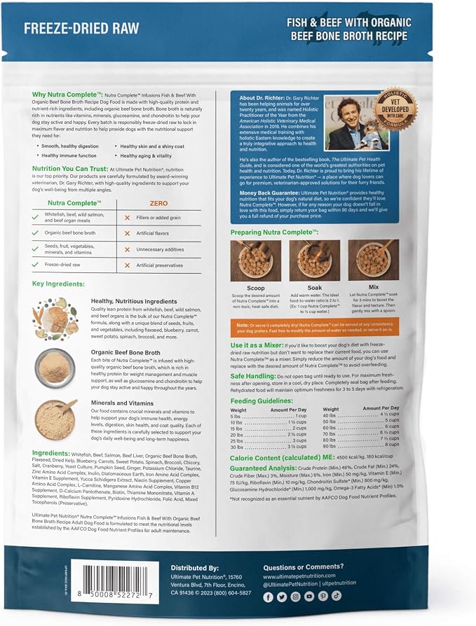 ULTIMATE PET NUTRITION Nutra Complete Bone Broth Infusions, 100% Freeze Dried Raw Veterinarian Formulated Dog Food with Antioxidants Prebiotics and Amino Acids (1 Pound, Bone Broth Fish)