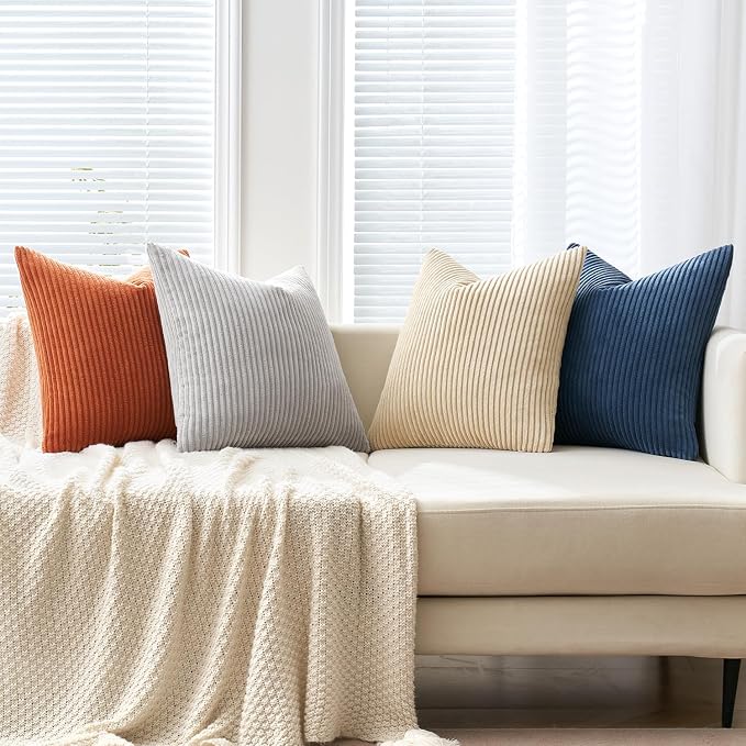 MIULEE Soft Corduroy Decorative Throw Pillow Covers Blue-Yellow 18x18 | Set of 4, Mordern Nordic Coastal Decor, Ocean Ember Set, Boho Farmhouse Cushion Covers for Couch Bed Sofa Living Room