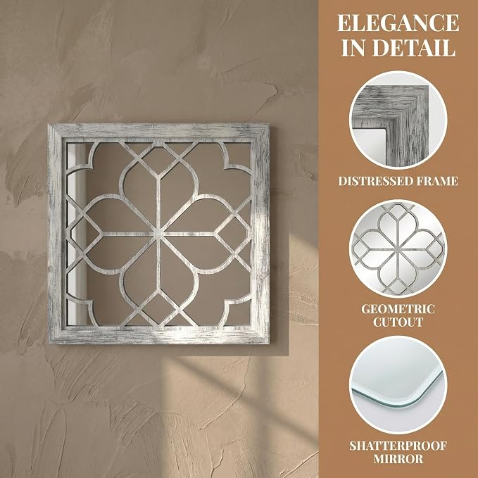 Set of 2 18 Inch Large Square Grey Window Pane Wall Mirrors, Shatterproof Rustic Farmhouse Boho Vintage Accent Mirrors for Living Room, Bedroom, Bathroom, Entryway & Home Decor