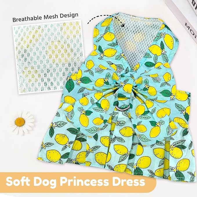 BAEJMJK Dog Dress Bowknot Harness Leash Set for Small Dogs Cats Girl Floral Princess Dog Dresses Cute Puppy Fruit Clothes Pet Doggy Outfits Spring Summer Breathable Dresses(Green,Large)
