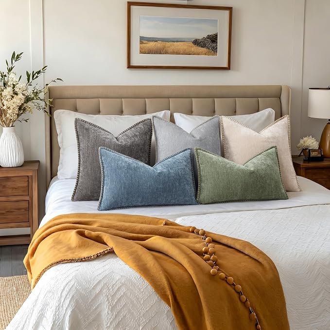 decorUhome Soft Chenille Throw Pillow Covers 26x26 Set of 2 Dark Grey | Fall Textured Decorative Throw Pillow Cases Stitched Edge Modern Farmhouse Luxury Boho Velvet for Couch Sofa Bed Home Decor