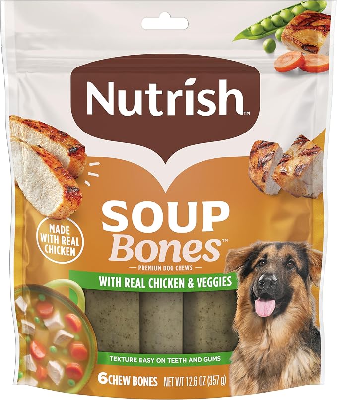 Nutrish Soup Bones Chicken Dog Chews, 12.6 oz. Bag (6 Treats) (Rachael Ray) | Rawhide-Free, Contains No Artificial Flavors or By-Product Meals, Soft Texture, Easy on Gums, Resealable Bag