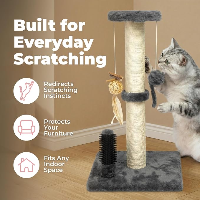 Best Pet Supplies Catify Cat Scratching Post - Gray H: 33" | 15" x 15" x 33", Interactive Cat Pole, Built-In Toys, Durable Sisal, Furniture Protector, For Indoor Kittens and Cats