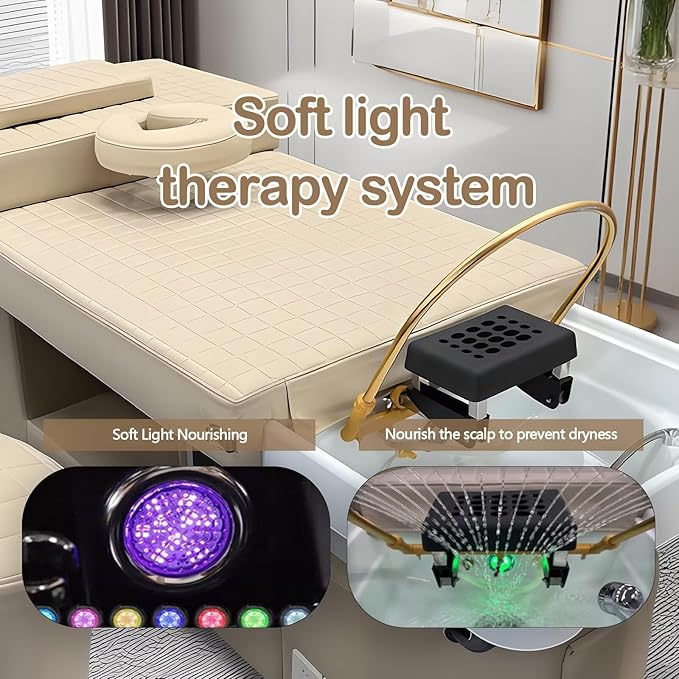 Head SPA Bed - Shampoo Bed with Beige Luxury Grid Pattern, Head SPA Equipment & Massage Table Includes Golden Waterfall Scalp Massage, Light Therapy, for Salon & Home