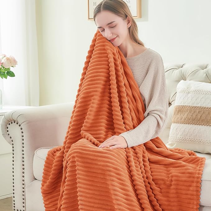 BEDELITE Ribbed Jacquard Burt Orange King Size Blanket for Bed, 108x90 Inch | Soft Warm Decorative Fluffy Blanket, Cozy Fuzzy Lightweight Plush Fleece Throw Blankets for Bed, Room Decor, Gift for Women