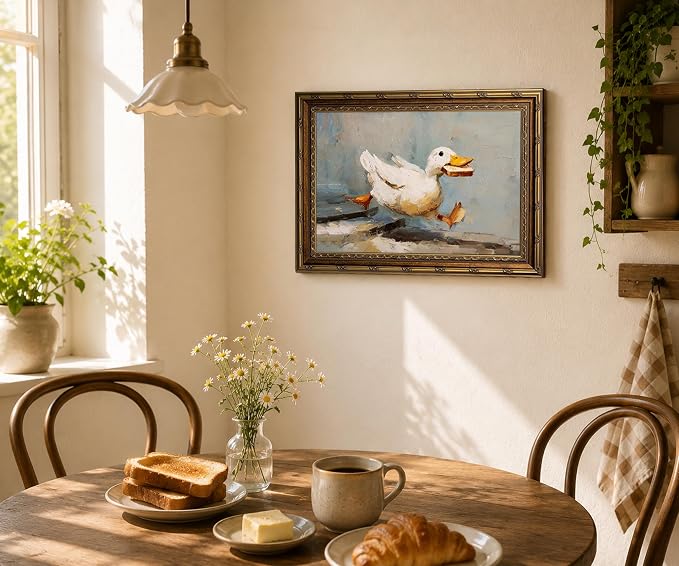 Gold Framed Funny Duck Wall Art Rustic Cottagecore Animal Wall Decor Print | Farmhouse Animal Painting Whimsical Duck Canvas Poster for Kitchen Bathroom Living Room Bedroom, 8x10 Inches
