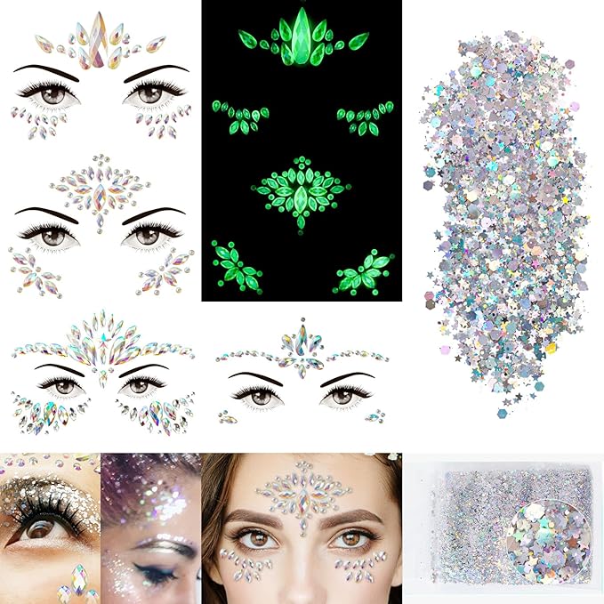 4 Sheets Euphoria Face Gems, 10g Chunky Glitter, Rhinestones Jewels Stickers Glow in The Dark-Luminous Gems Body Makeup for Music Festivals Rave Carnival Cosplay (2Luminous)