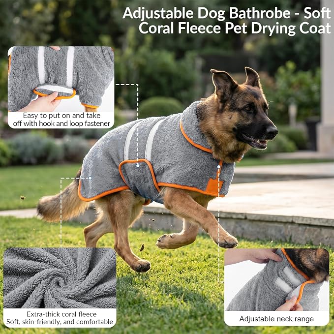 Bienbee Dog Bathrobe, Super Absorbent for Small to Large Dogs, Grey 2XL | Dog Robes with Soft Fleece, Warm & Cozy, Adjustable Fit, and Quick Drying Coat for Baths Swimming and Grooming