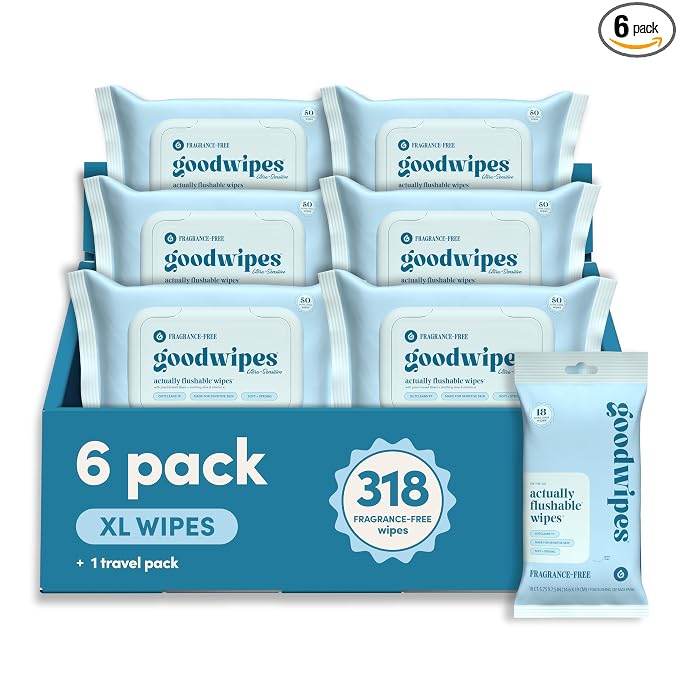 goodwipes Flushable Wipes for Adults - Unscented Wet Wipes for Women & Men, XL, Septic Safe, Toilet & Bathroom Essentials, Extra Large - Fragrance-Free, 318 Count (6 Packs and 1 Travel Pack)
