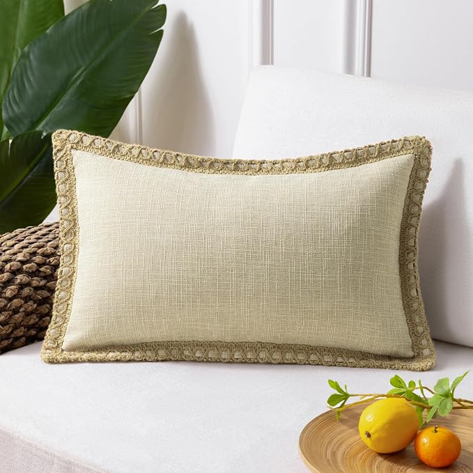 Phantoscope Farmhouse Solid Throw Decorative Pillow Cover Burlap Linen Trimmed Tailored Edges Outdoor Pillow Oatmeal 1 Pack 12 x 20 inches, 30 x 50 cm