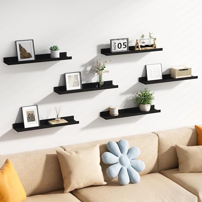 upsimples Floating Shelves for Wall Decor and Storage, Black, 6Pcs 23.6'' | Wall Mounted Wood Shelves for Living Room, Bedroom, Bathroom, Kitchen, Office, Nursery Room, Coffee Bar Display and Organize