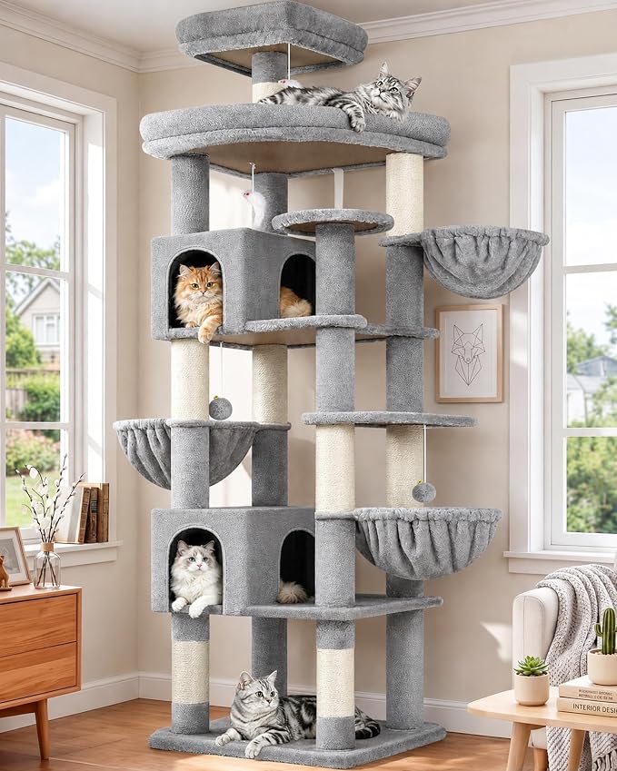 Globlazer Extra Large Cat Tree Tower, 82in Tall Heavy Duty Cat Tree for Indoor Cats Large Adult Big Cat Tower with 8 Scratching Posts, 2 Cat Condos, 2 Top Perches, 3 Hanging Baskets, S82, Light Grey