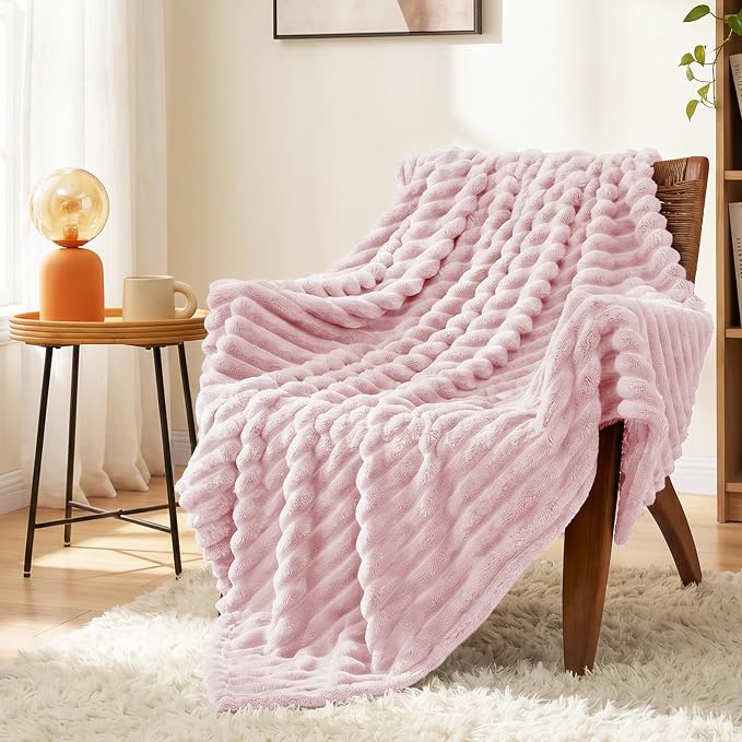Pink Throw Blanket for Couch & Bed, 50 x 60 Inch | 300GSM Ribbed Fleece Blanket, Soft, Cozy & Lightweight, OEKO-TEX Certified, All-Season Use for Travel, Dorm & Home Decor