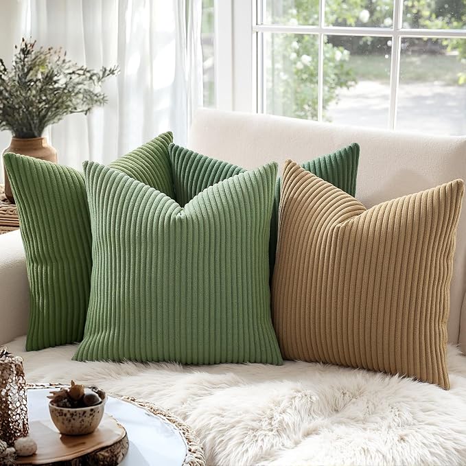 MIULEE Decorative Corduroy Throw Pillow Covers Set of 2 20x20 Moss Green | Soft Striped Textured Cushion Cases, Boho Natural Greenery Pillowcases for Home Decor, for Couch Chair Sofa Bed Living Room