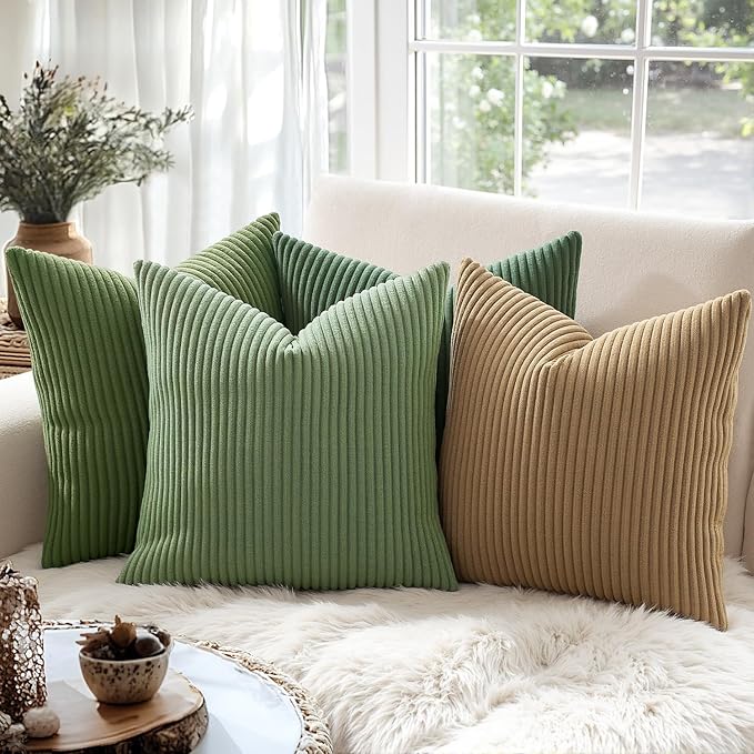 MIULEE Decorative Corduroy Throw Pillow Covers Set of 2 16x16 Moss Green | Soft Striped Textured Cushion Cases, Boho Natural Greenery Pillowcases for Home Decor, for Couch Chair Sofa Bed Living Room