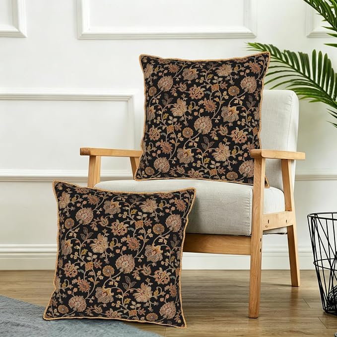 Vintage Tapestry Floral Soft Velvet Throw Pillow Covers Set of 2 Black Brown Bohemian Boho Carpet Flowers Decorative Pillow Covers 20x20 Inch Rustic Retro Rug Pillow Case For Sofa Couch Home Decor