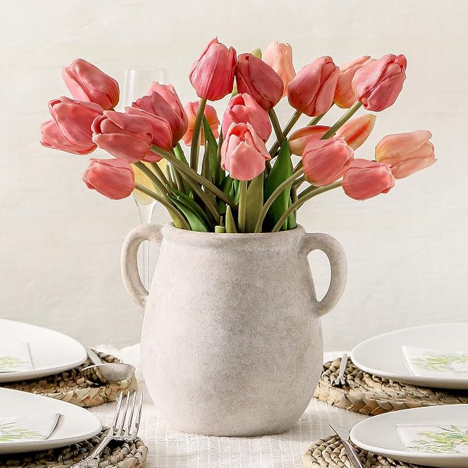 Vanselia Ceramic Flower Vase Home Table Decor Living Room Farmhouse 7.1 in | Small White Rustic Decorative Flowers Vases Plant Modern Decoration for Kitchen Shelf Coffee Dining Centerpieces Desk