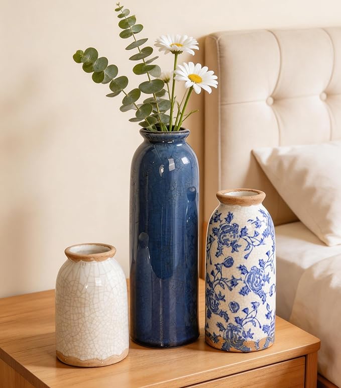 Vintage Ceramic Vase Set of 3, Blue and White Small Flower Vase Chinoiserie Rustic Modern Farmhouse Centerpiece Decorative Vases for Table Entryway Bookshelf Living Room Kitchen Home Decor