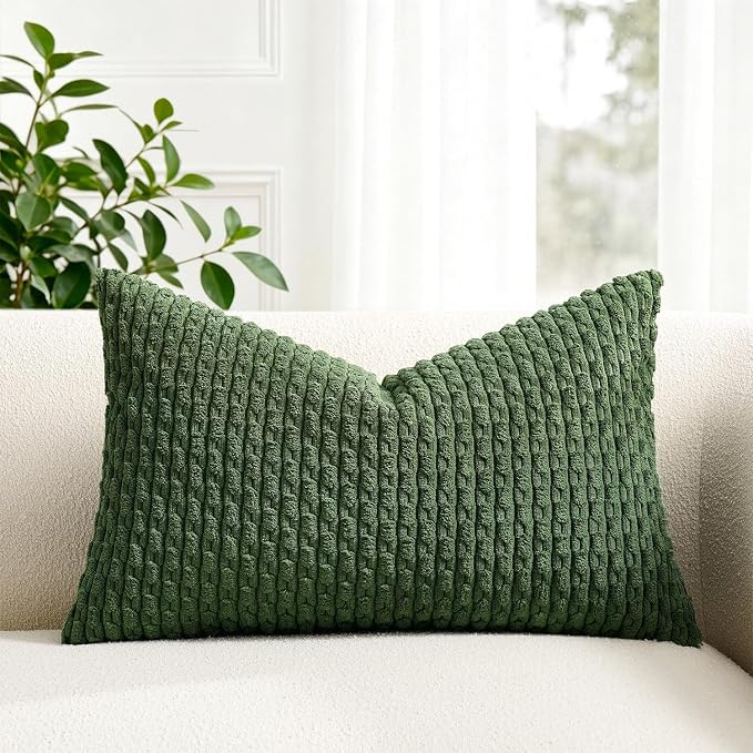 Kevin Textile Soft Corduroy 16"x24" Lumbar Pillow Cover 1 Pack, Moss Green | Boho Stripe Plush Corduroy Decorative Oblong Cushion Cover Modern Farmhouse Home Decor for Sofa Couch Bed Chair