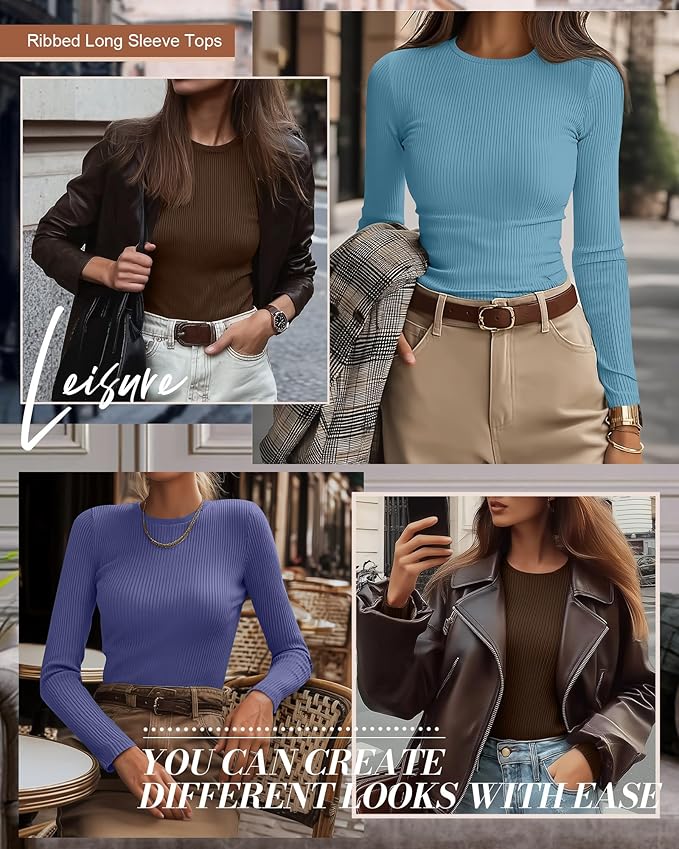 Ficerd 3 Pack Women's Ribbed Long Sleeve Tops, Crew Neck Slim Fit Undershirts Knit Basic Casual Stretch Layering Tee Shirts