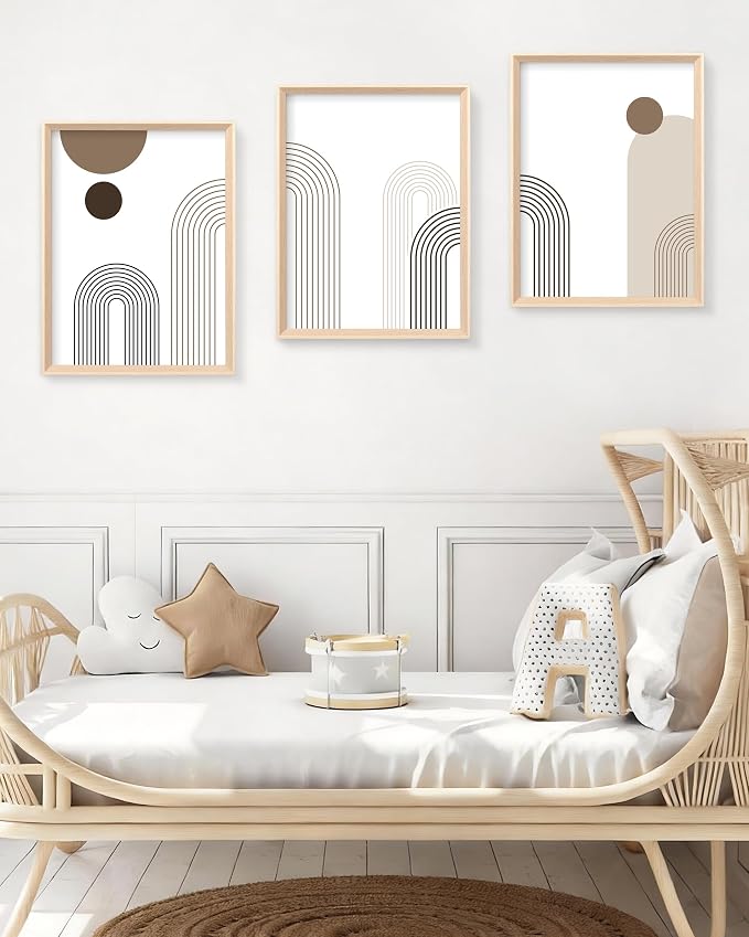 HesenDot Boho Neutral Framed Wall Art, Abstract Line Canvas Prints | 12x16IN Set of 3, High Framed Wood Design Prints, Mid Century Minimalist Wall Decor for Living Room Bedroom Bathroom Office