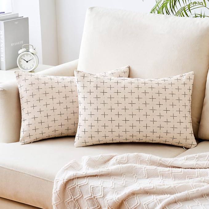 MIULEE Pack of 2 Decorative Burlap Linen Christmas Throw Pillow Covers Modern Farmhouse Pillowcases Rustic Woven Textured Cushion Cover for Sofa Couch Bed 12x20 Inch Beige