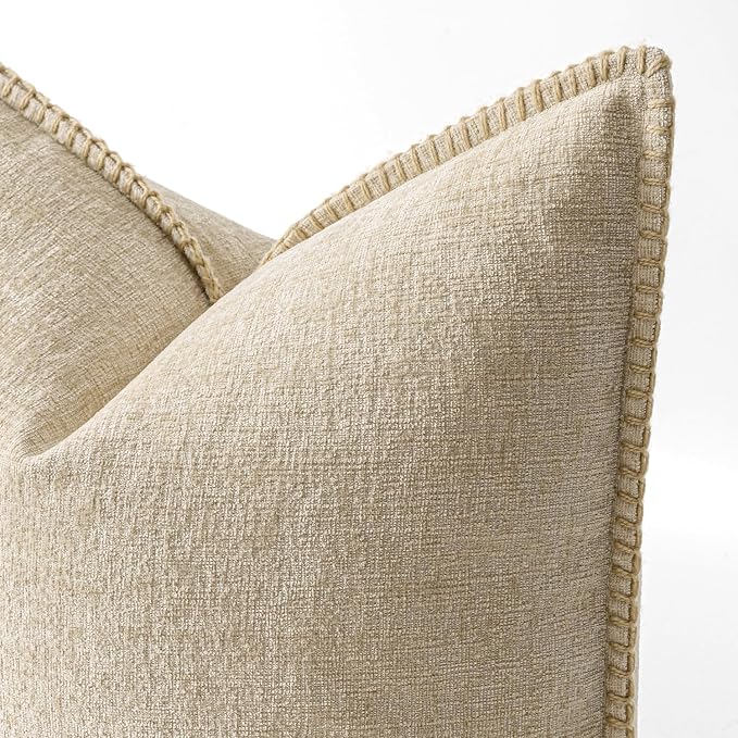 MIULEE Decorative Couch Throw Pillow Covers 20x20 Inch Beige 2 Pack | Neutral Farmhouse Pillow Covers with Stitched Edge, Soft Chenille Cushion Cases, for Sofa Bed Living Room Home Decor
