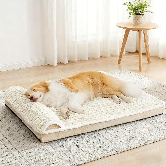 Orthopedic Large Dog Bed Pillow Pet Sofa Bed 42''X28'' Ivory | Egg-Crate Foam Pet Couch Large Sized Dog, Waterproof Removable Washable Cover,Furry Puppy Crate Mat With Nonskid Bottom